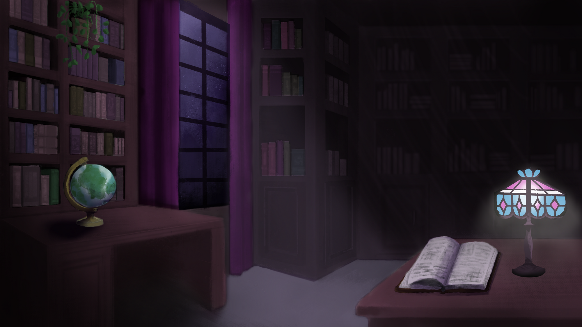 An illustration of a moody library with dark shelves, a plant, and a globe lit by a trans flag colored lamp.