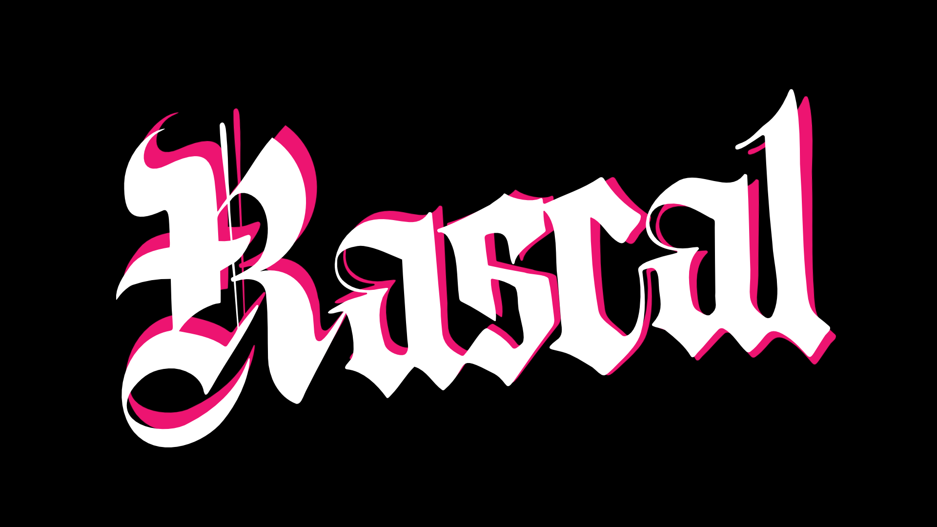 A logo with stylized fancy font that reads "Rascal" in pink and white, on a black background