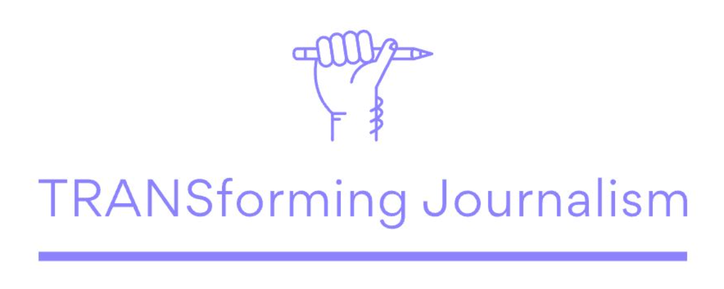 A logo of a hand holding a pencil in a fist shape that reads TRANSforming Journalism