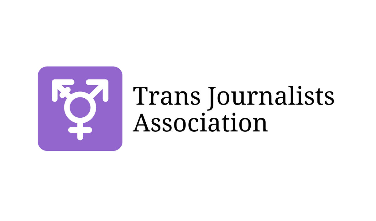 Purple icon w/ transgender symbol (symbols for male, female & combined male-female) & the words Trans Journalists Association