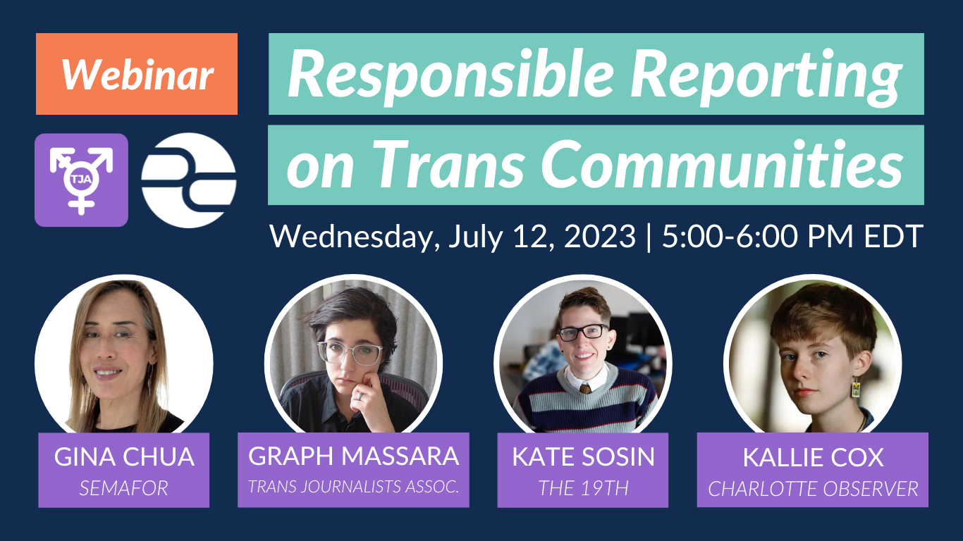 Image shows webinar titled Responsible Reporting on Trans Communities scheduled July 12 2023.