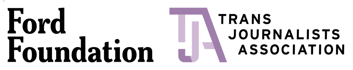 Heavy black Ford Foundation logo text next to purple combined TJA and slanted Trans Journalists Association text