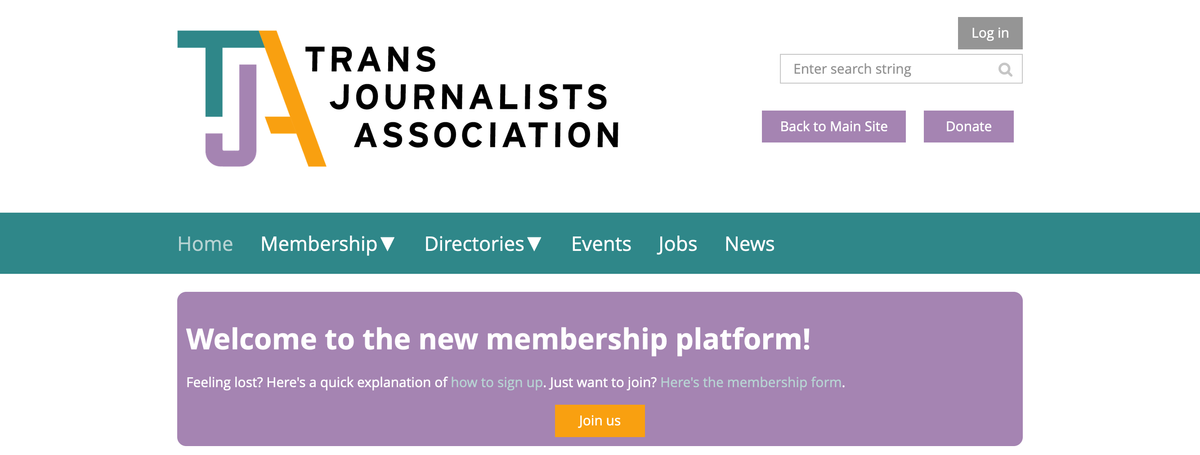 screenshot of a new trans journalists association website that you should go create an account on